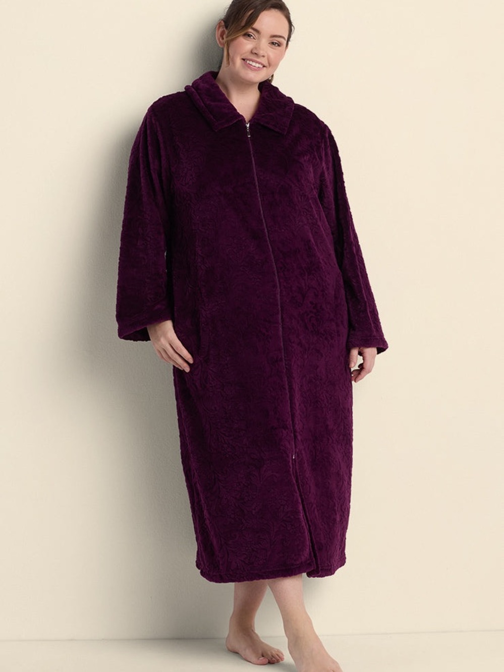 Miss Elaine Plush Wine-Red Long Zipper Robe